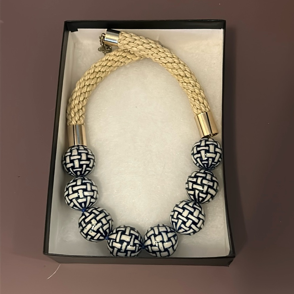 Blue And White Beaded Macrame Statement Necklace - image 1